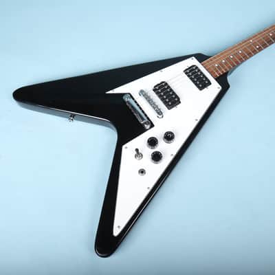 Flying V Style Electric Guitar in Black with White Pickguard image 11