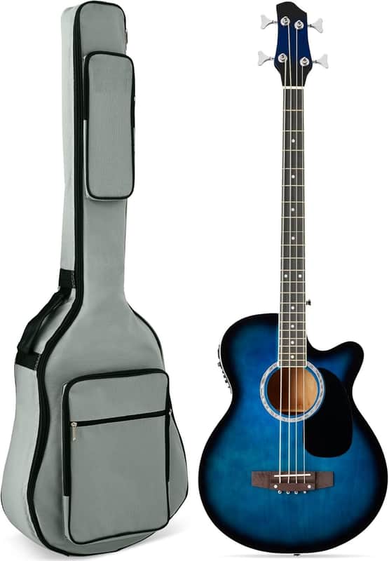 Acoustic Electric Bass Guitar, Full Size 4 String, Fretted Bass Guitar w/Padded Gig Bag - Blue image 1