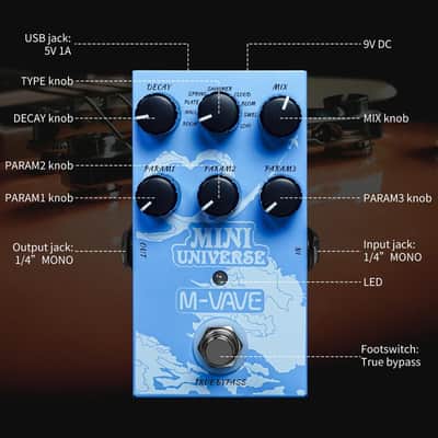 M-VAVE Mini Universe Pro Guitar Reverb Pedal - 9 Digital Effects (Room/Hall/Plate/Spring/Shimmer/Cloud/Bloom/Swell/Lo-Fi), True Bypass, Dual Power, Compact Metal Housing for Electric Guitar & Bass image 2