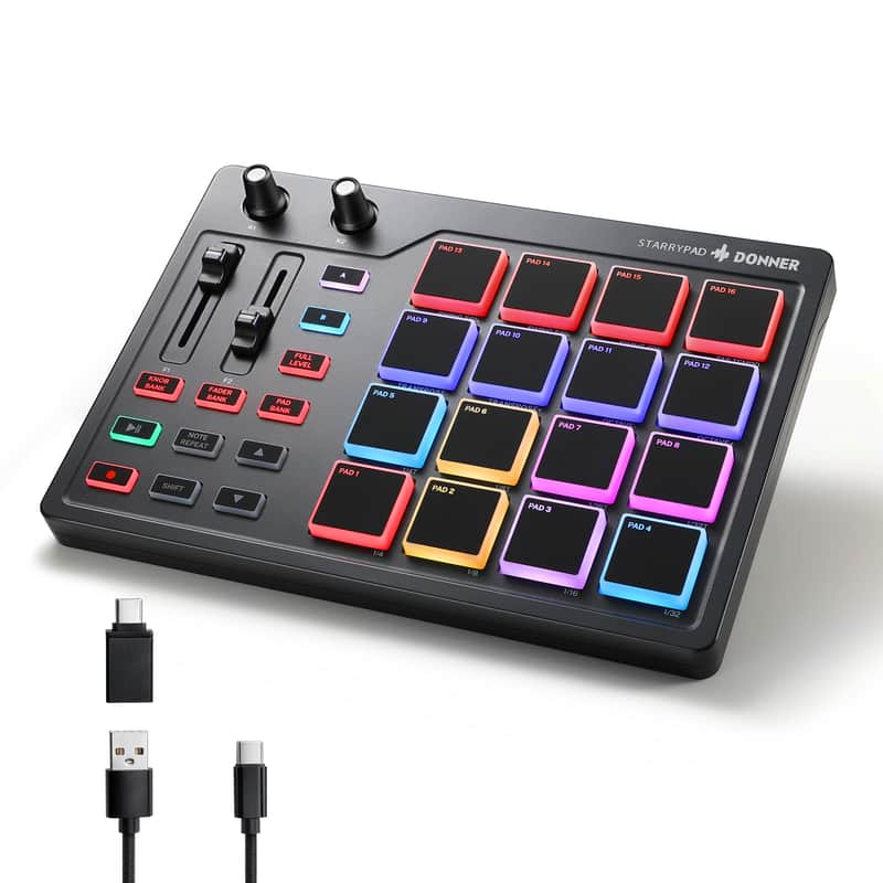 Donner MIDI Pad Beat Maker Machine Professional, Drum Machine with 16 Beat Pads, 2 Assignable Fader & Knobs and Music Production Software image 1