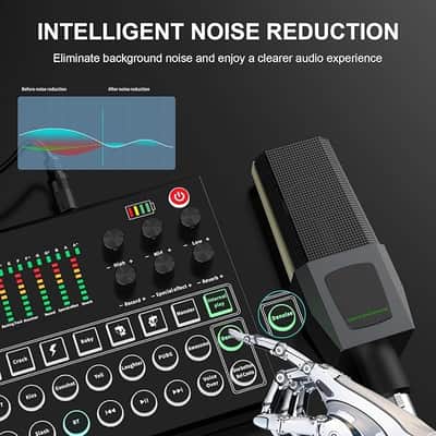Podcast Equipment Bundle, All-in-One Audio Interface DJ Mixer with Microphone, Stand, Monitor Earphone, Audio Mixer With Sound card for PC/Laptop/Phone, Streaming/Podcasting/Gaming image 3