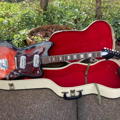 RARE Harmony H19 Silhouette • 1963 - 1968 Cherry Red Shaded • Hagstrom Tremolo Bar + DeArmond Mustache Gold Foil Pickups • With Vintage Original Case image 1