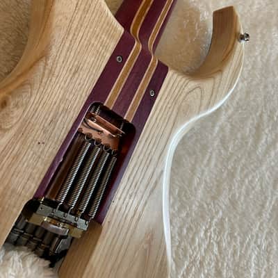 96 art Multiscale Headless 7 string Solidbody Guitar with Sophia Tremolo, Buckeye Burl, Ash, Purpleheart image 16
