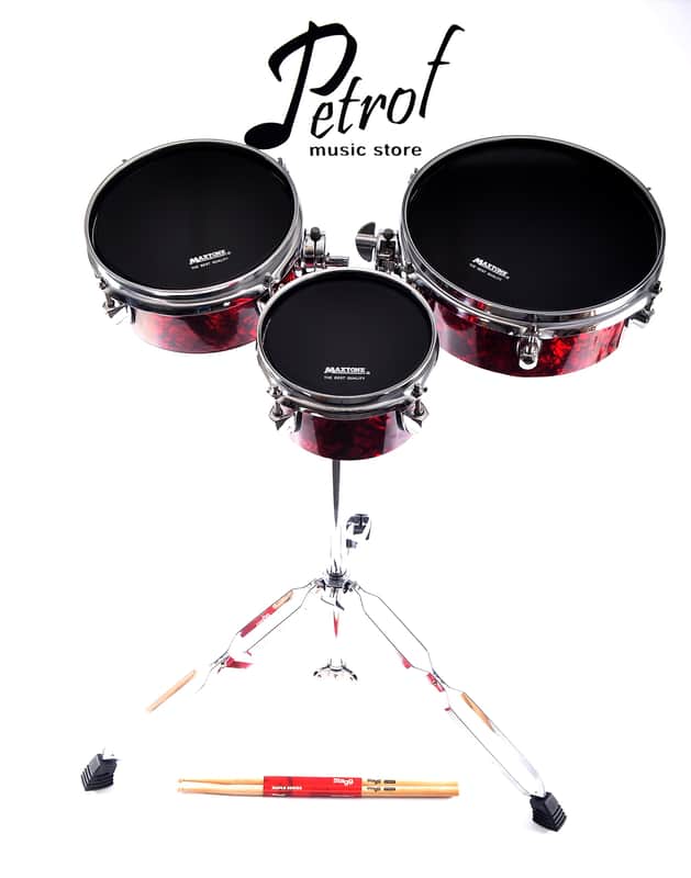 RED Brand New 100% Handmade Triple Bongo Set + Adjustable Stand with autonomous fastening, Maxtone drum head skins 6,8,10 inches & Stagg Sticks image 1