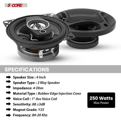 5Core Coaxial Door Car Speakers 4” Pair 250W 4Ohm 2 Way Component Subwoofer Audio w Super Tweeter image 7