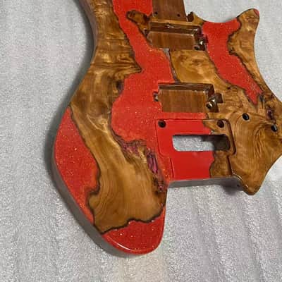 Vibrato system Headless Electric Guitar Body | Mahogany Core with Burl Top & Red Resin Inlay  2. Headless Style Guitar Body, Mahogany Base + Burl Wood & Sparkle Red Resin Finish image 1
