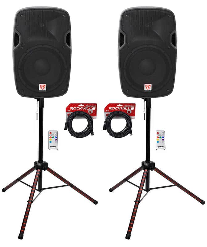 (2) Rockville SPGN128 12" Passive 1200w DJ PA Speakers+LED Stands+Remote+Cables image 1