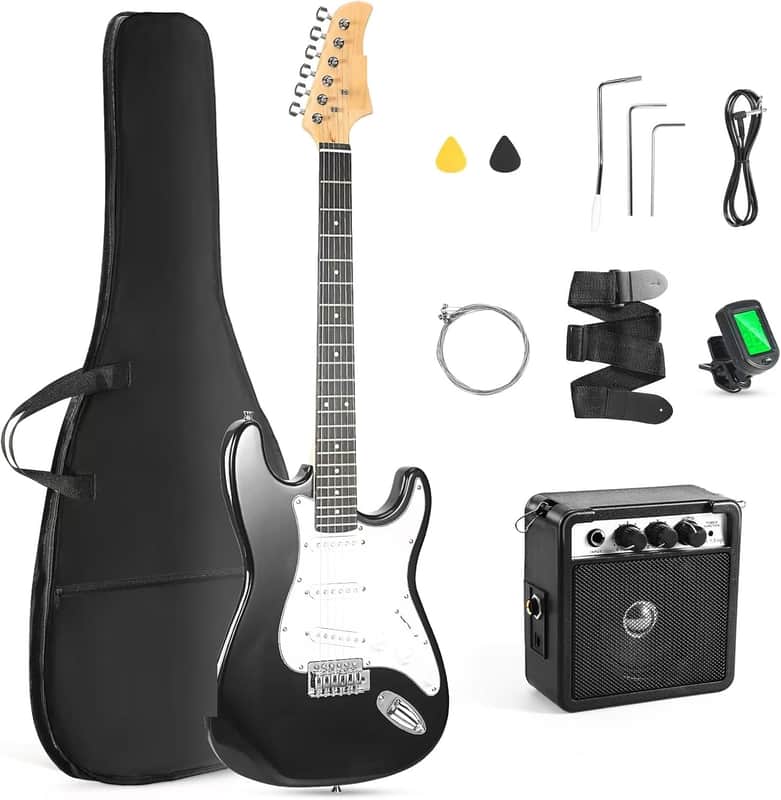 Electric Guitar, 39 Inch Solid Full-size Electric Guitar S-S-S Pickups Starter Kit Includes Amplifier, Bag, Digital Tuner, Strap, String, Cable, Picks，Mini AMP（Green (Black) image 1