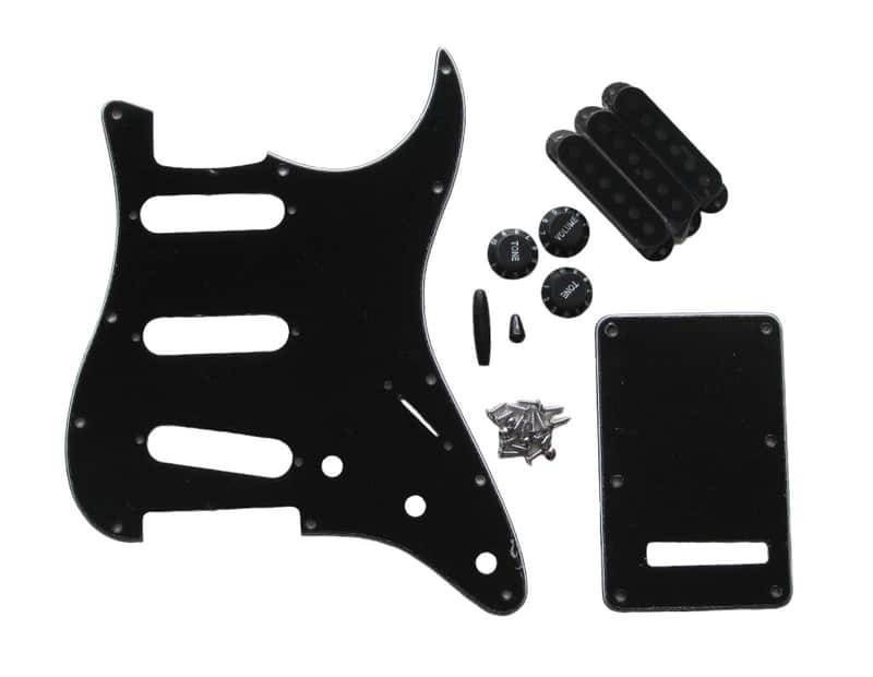 Black 3-ply Strat SSS Pickguard Kit , Black knobs, and Black Covers USA SHIP image 1