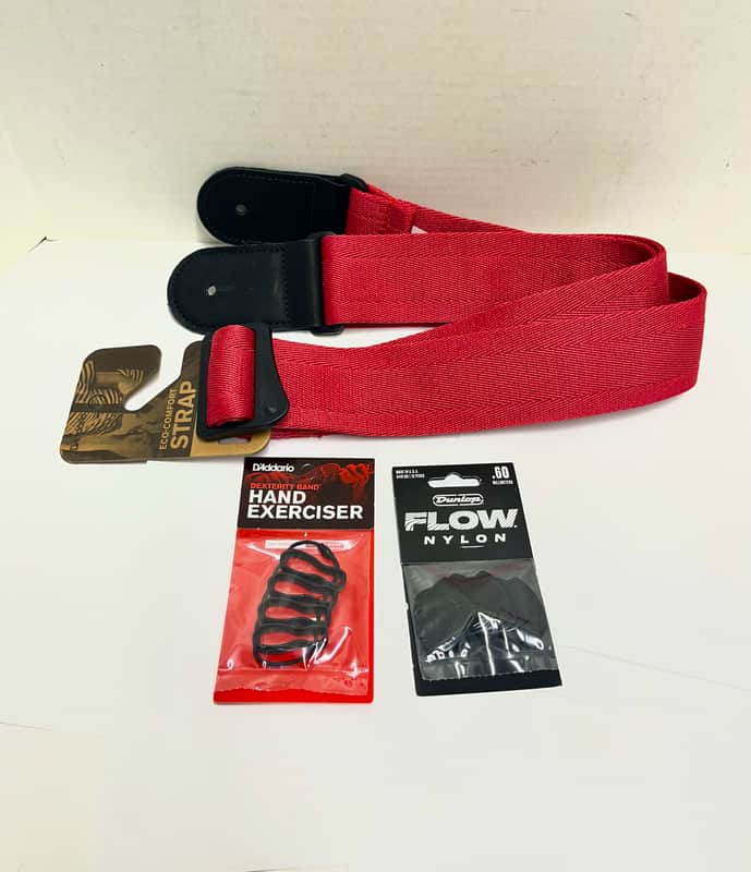 3 Bundle of New D'Addario Eco-Comfort Woven Guitar Strap Red - NEW - 60mm Dunlop Flow Nylon Pick .60mm 12-Pack - NEW - D'Addario PW-DXBD-01 Dexterity Band Finger Exerciser image 1