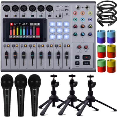 Zoom PodTrak P8 Portable Multitrack Podcast Recorder + Behringer XM1800S Dynamic Vocal & Instrument Microphone (3-pack) + 3x Zoom TPS-5 Tabletop Tripod Recorder Stand + 3x Pig Hog 8mm XLR Microphone Cable Male to Female + Zoom XLR-6c Color ID Rings image 1