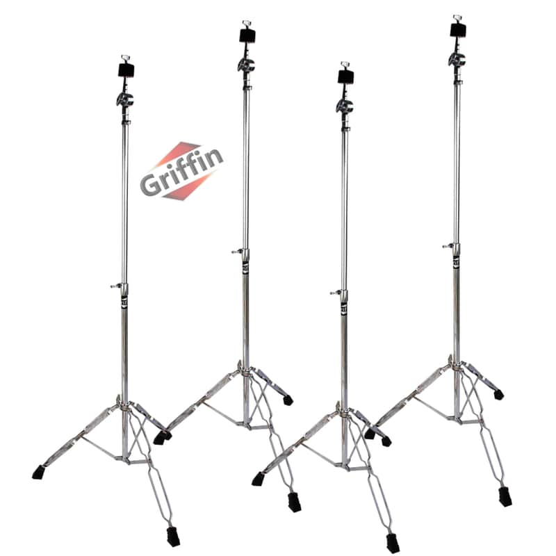 Straight Cymbal Stand Set (4-Pack ) by GRIFFIN | Double-Braced Legs, Slip-Proof Gear Holder & Lightweight for Mobile Drummers | Chrome Percussion Kit for Mounting Crash & Splash Cymbals image 1