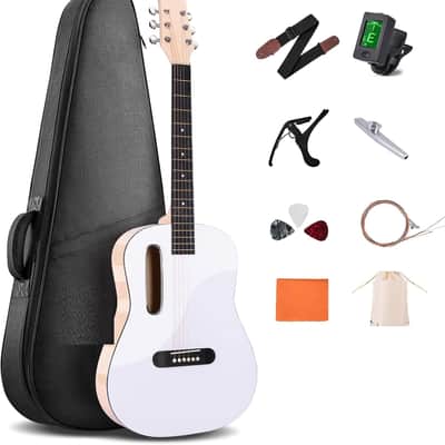 Acoustic Guitar Kits for Beginners Adults - 38" Steel-String Guitars Bundle with Online Lesson Wooden Bowl Guitarra Starter Set Package with Bag, Strap, Picks, Capos, Kazoo, White image 1