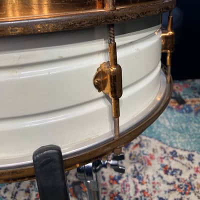 Leedy - 14x5" 8-Lug Multi-Model Snare Drum - White Lacquered Brass with Gold Hardware. 1920s image 13
