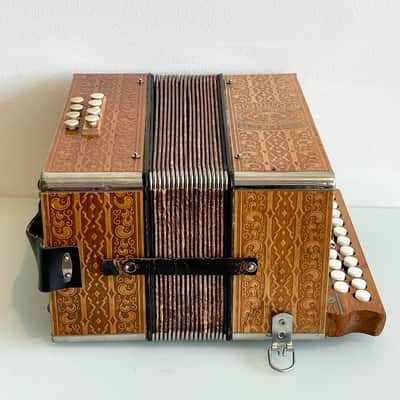 1940 Hohner A/D Button Accordion Natural Blonde Rare Vintage Embossed/Engraved Wood Design Concertina image 4