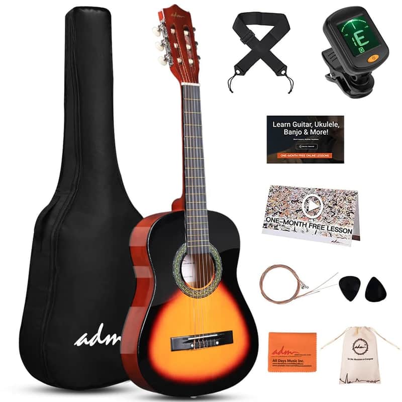 ADM Beginner Acoustic Classical Guitar Nylon Strings Wooden Guitar Bundle Kit for Kid Boy Girl Student Youth Guitarra Online Lessons with Gig Bag, Strap, Tuner, Strings, Picks (34 Inch, Sunburst) image 1