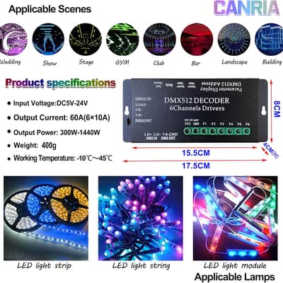 5V-24V 6 Channel DMX512 Decoder LED Controller, for RGBRGB RGBW RGBWW RGBWWW LED Strip Light, 4-Digit Display image 5