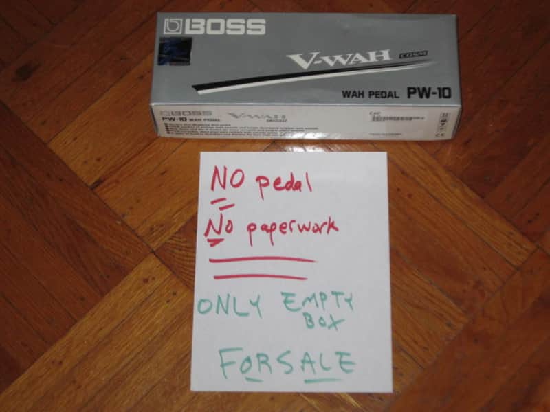 used (less than light average wear) Boss EMPTY Box for PW-10 V-Wah (NO pedal, NO Owner's Manual, NO Oother paperwork) 2000s (specifically July 2004) - LID: thin stiff paper material / GRAPHICS: gray, white & black / Bottom Part: cardboard (mostly white) image 1
