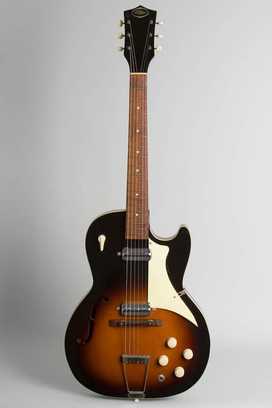 Airline  Model 7227 Arch Top Hollow Body Electric Guitar (1961), original two-tone soft shell case. image 1