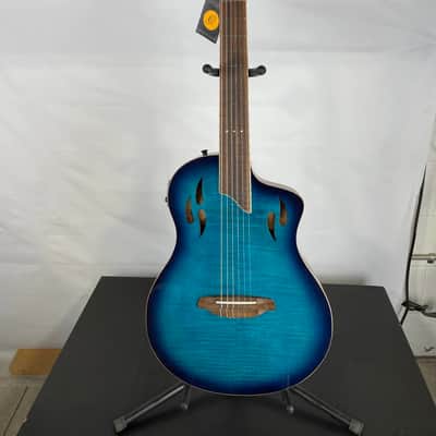 Ortega Tourplayer Thinline Acoustic-Electric Classical Guitar, Flamed Maple Top, Blue image 1