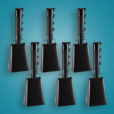 6 Pack Cowbells Bulk Black Cow Bell with Handle Cheering Hand Bells Steel Noise Maker Loud Cowbell Alarm image 1