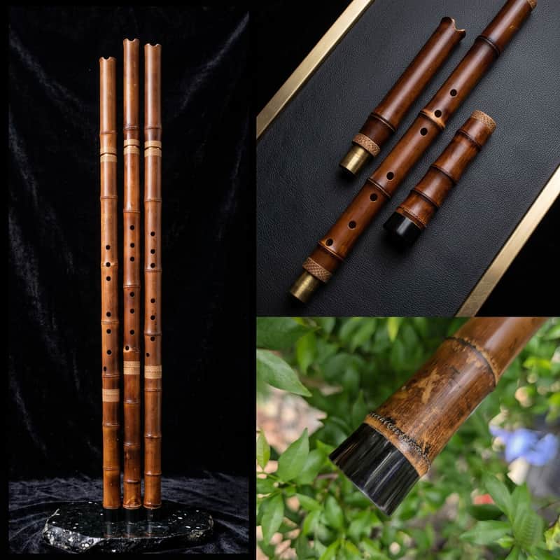 Long-Xiao Flute-Smoked Bamboo – Concert-Tuned Key E/D/C/B (Lowest Note), 8 Holes, 3 Piece - Smoked Finish with Lacquer Protection Inside, Xiao's tail is covered with buffalo horns image 1