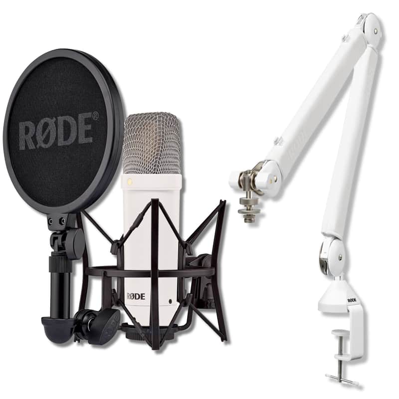 Rode NT1 Signature Series - White Condenser Microphone with SM6 Shockmount, Rode PSA1+ (White) Professional Microphone Boom Arm and Pop Filter image 1