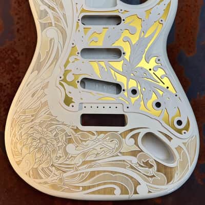 White Fender Strat Guitar Body Custom Laser Engraved White and Gold Mirror Pickguard, White Tremolo Cover HSH, HSS, SSS Setup Available image 1