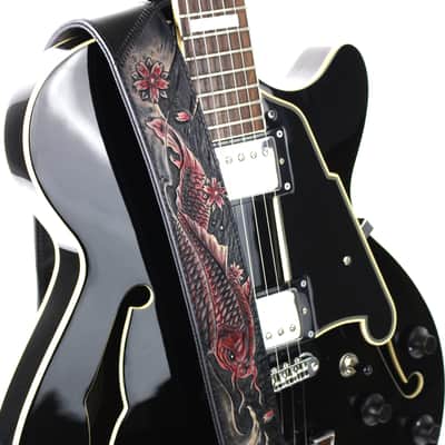 Walker & Williams KB-24 Skinny Black & Ruby Red Carved Grain Leather Strap w/Koi Design image 5