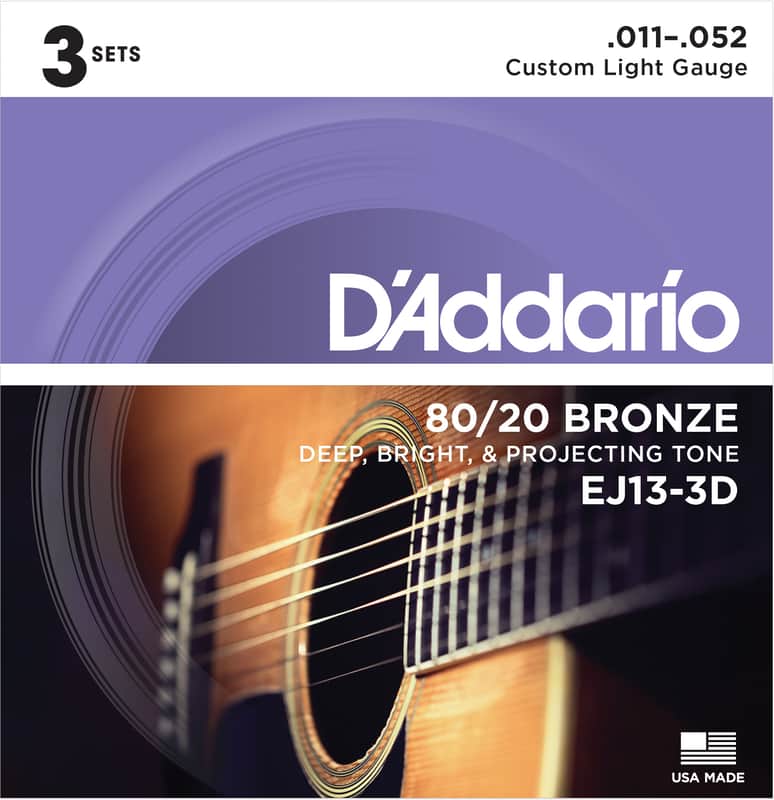 D'Addario EJ13-3D 80/20 Bronze Acoustic Guitar Strings - Custom Light (11-52) 3-Pack image 1