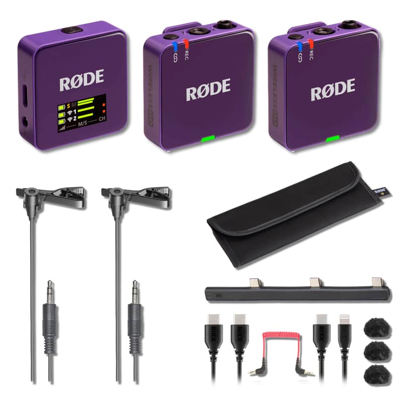 Rode WIGOGEN3PUR Wireless GO (Gen 3) Compact Wireless Microphone System (Purple) Bundle with Two Audio-Technica ATR3350xiS Omnidirectional Lavalier Microphones image 1