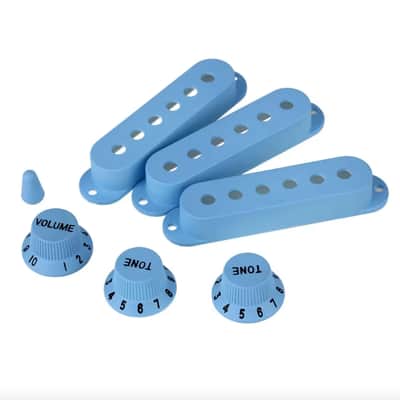 Light Blue Guitar Strat Style Single Coil Pickup Covers, Knobs, Switch Tip image 2