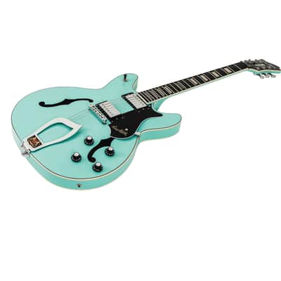 Mint Hagstrom Viking Semi-Hollow Guitar, Resinator Fretboard, Aged Sky Blue VIK-ABE-U image 3