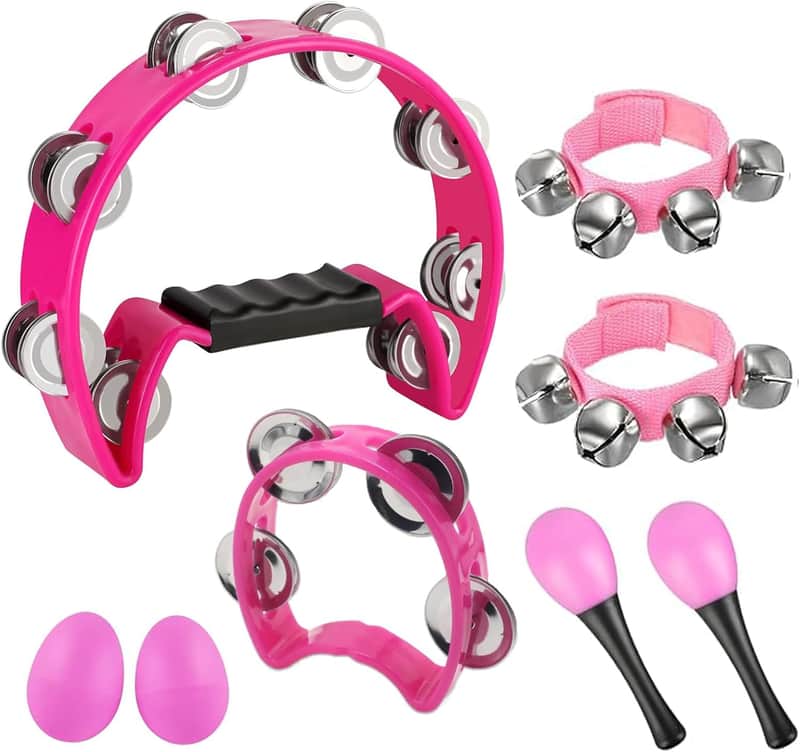 8 Pcs Tambourines for Adults Metal Jingles Hand Held Percussion Half Moon Tambourine, 4 Bells Tambourine, Wrist Bells, Egg Shakers, Sand Hammer, Hand Percussion Instrument Set for Party, KTV, Church image 1