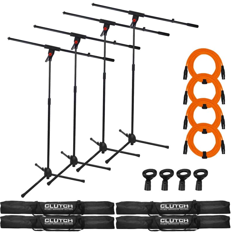 Immagine Pro Audio DJ Microphone Boom Stands w Orange XLR Cables, Clips & Bags 4 Pack - 1