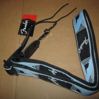 new with tags genuine Fender 2" Monogrammed Guitar Strap Black, Light Gray, and Light Blue - Fender part number: 099-0681-502, Fully adjustable length (39"-72") Woven Fender logo and guitar headstock design, polyester backing, black leather ends image 2