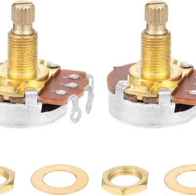 2 Pack Full Size Metric Guitar Bass Pots, 500k Potentiometer Brass Shaft Audio Taper Potentiometers, Guitar Potentiometer for Volume and Tone Short Split Shaft Audio Taper Pot for Electric Guitar Bass image 1