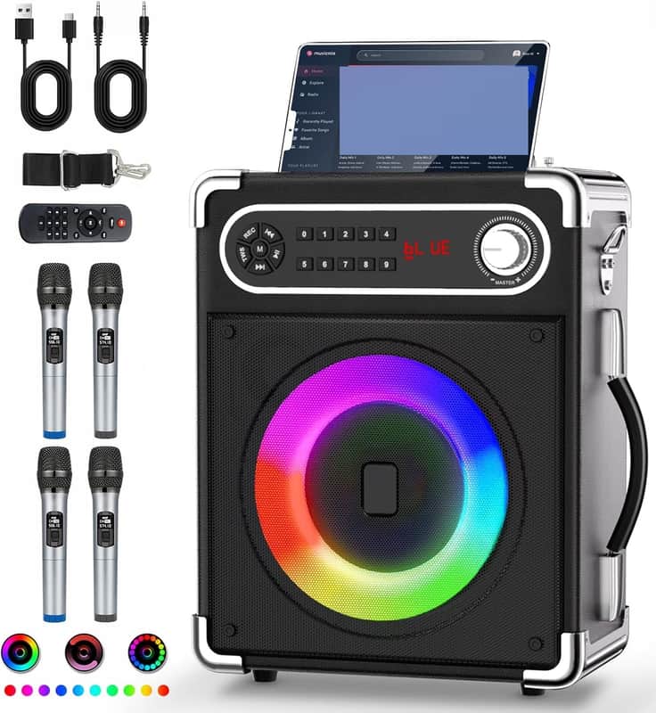 Karaoke Machine with 4 Wireless Microphones, Portable Bluetooth 5.1 Speaker for Adults Kids with LED Lights, Bass/Treble Adjustment, PA System with Remote Control, Supports FM/AUX/USB/TF for Party image 1
