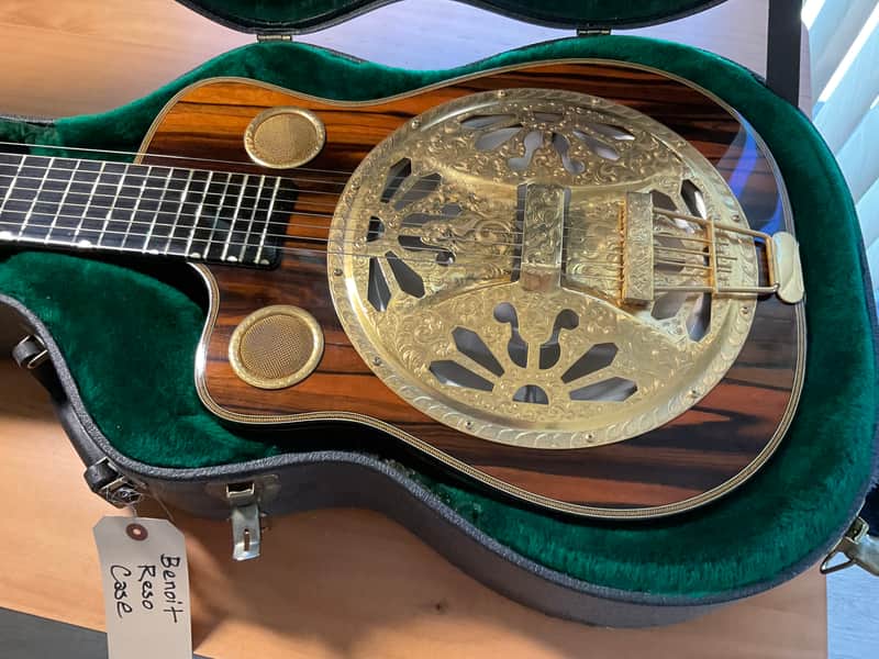 Benoit Custom 8 String Resonator Guitar, Engraved, Gold-plated, Macassar Ebony image 1