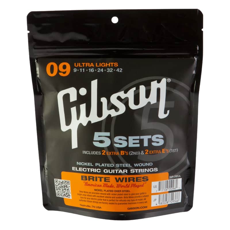 Gibson Brite Wires Electric Guitar String Set, 09-.042, Ultra Light, 5 Pack image 1