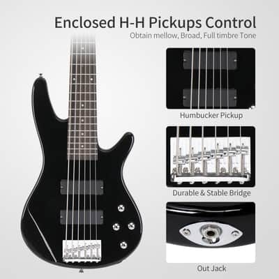 Glarry Full Size GIB 6 String H-H Pickup Electric Bass Guitar Bag Strap Pick Connector Wrench Tool 2020s - Black image 13