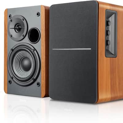 Powered Bookshelf Speakers - 2.0 Stereo Active Near Field Monitors - Studio Monitor Speaker - 42 Watts RMS with Subwoofer Line Out - Wooden Enclosure image 1