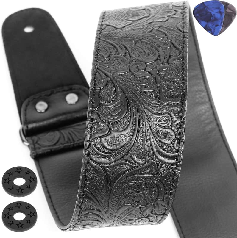 Printed Leather Guitar Strap - PU Western Vintage 60's Retro With Genuine Leather Ends for Electric Bass, Wide Adjustment Range, Tie, 2 Picks Included - Black image 1