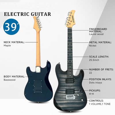39" Full Size Style Electric Guitar Starter Kit with HH Pickup, 20W Portable Amp, Tuner, Gig Bag, Strap & Accessories (Black Flame) image 3