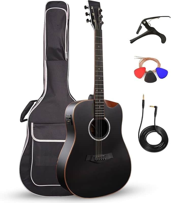Slowhand Jumbo Semi Acoustic Guitar – Premium Black Spruce Wood with Heavy Padded Bag, Guitar Cable, Pro Capo, Set Of Strings, Picks image 1