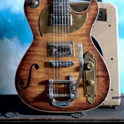 Postal Midnight Special Flamed Maple Tiger-burst-Duncan Pearly Gates pickups Bigsby Carved Scroll Headstock image 4