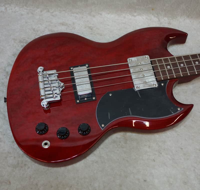 Vintage Brand VS4CR 4 String Short Scale SG bass guitar in cherry red finish - DC mini humbucker EBO image 1