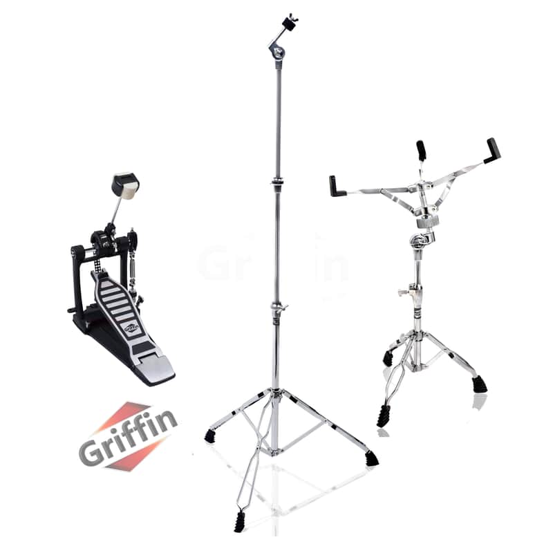 Drum Hardware Kit (3 Piece Set) by GRIFFIN - Kick Drum Pedal, Snare Stand & Straight Cymbal Stand | Deluxe Double-Chain Steel Pedal, Slip-Proof Gear Tilter & Clamp Basket Holder image 1