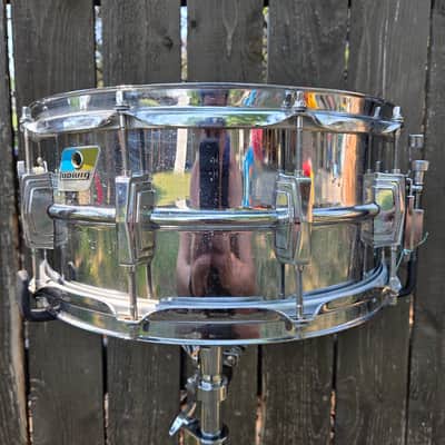 Ludwig No. 402 Supraphonic 6.5x14" 10-Lug Aluminum Snare Drum with Rounded Blue/Olive Badge 1979 - 1984 - Chrome-Plated image 2