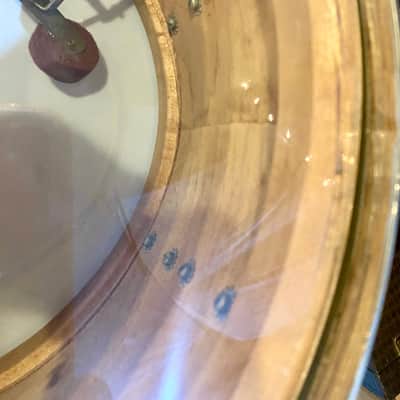 1940s Slingerland Super Gene Krupa Radio King 7x14” 16-Lug Solid Maple Snare, Aluminum War Time Badge - White Marine Pearl image 5